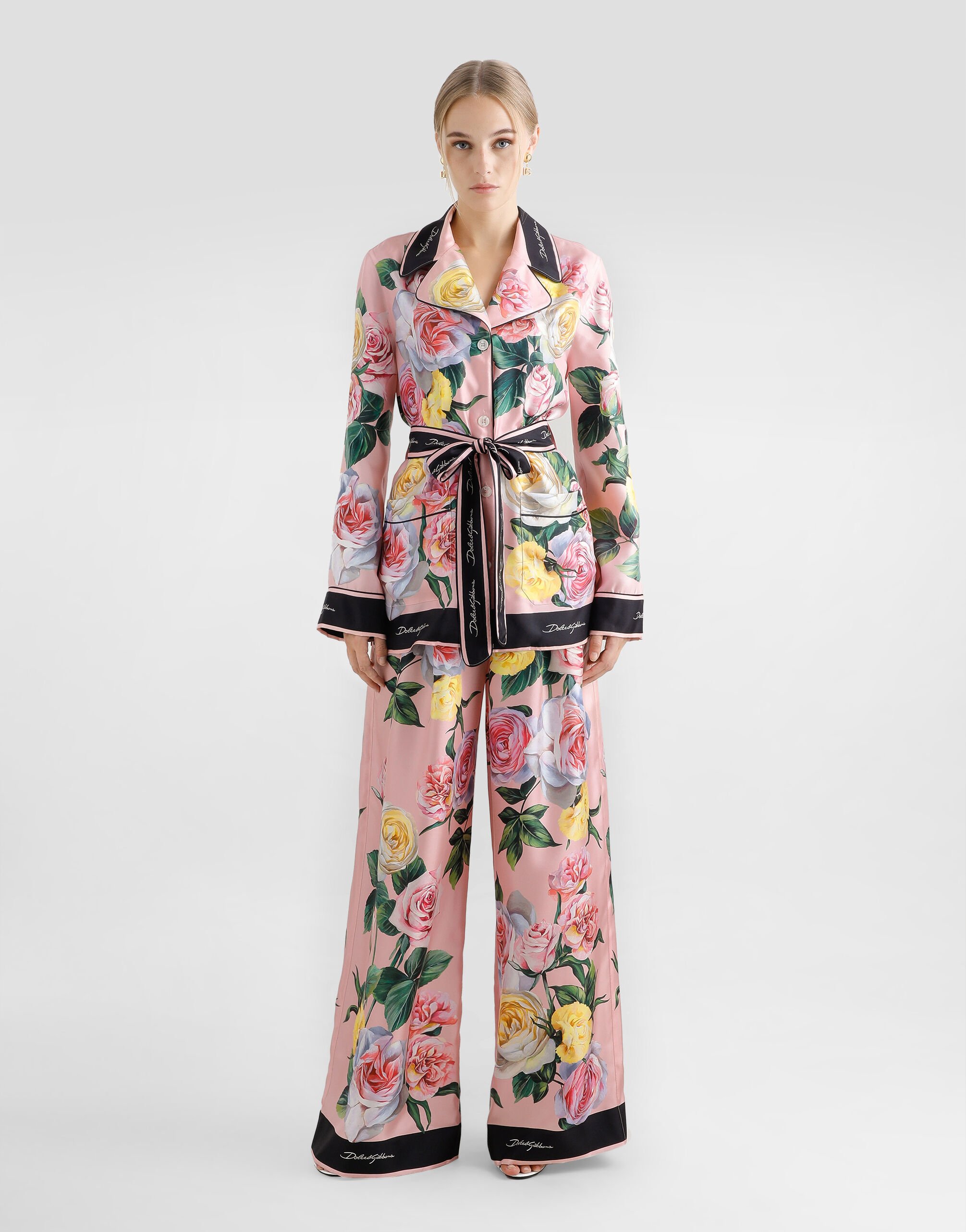 色艶【Dolce & Gabbana】バラ牡丹プリント シルクパジャマパンツ Printのウィメンズ Silk pajama pants with rose and peony