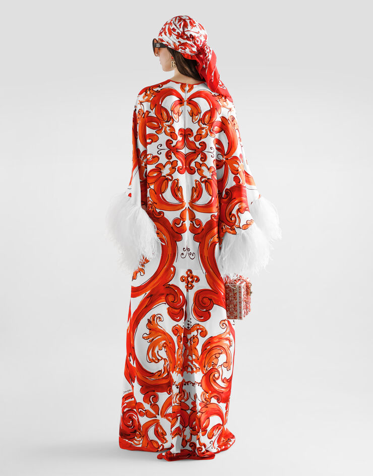 Dolce & Gabbana Majolica-print long kaftan dress with feather trim Multicolor F615FZGDDRE
