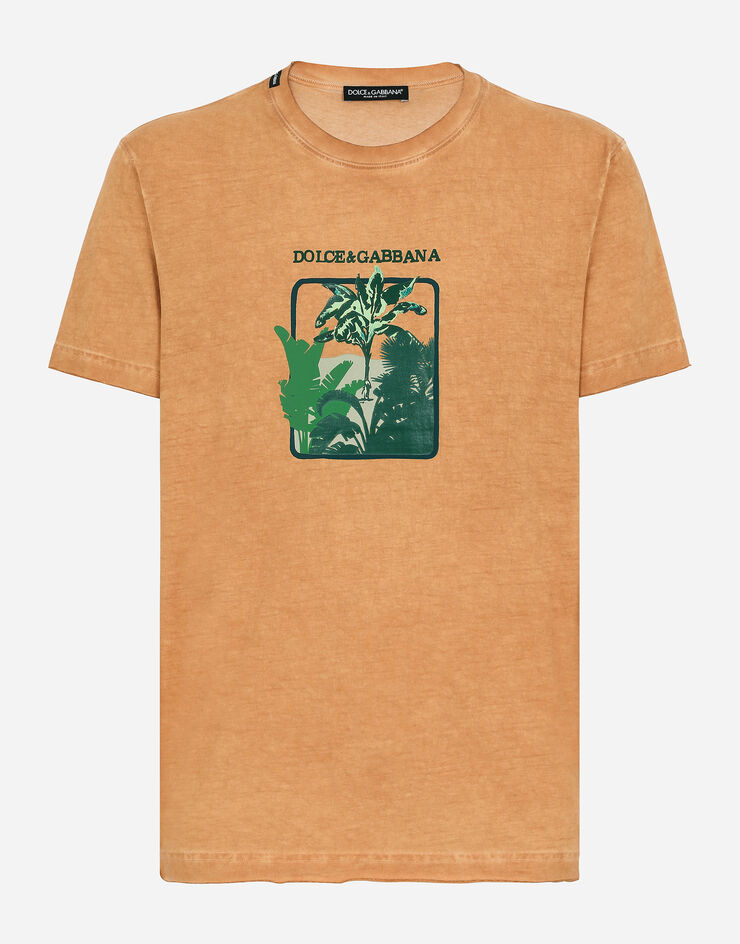 Dolce & Gabbana Kurzarm-T-Shirt aus Baumwolle Bananenbaum-Print Braun G8RN8TG7K1U