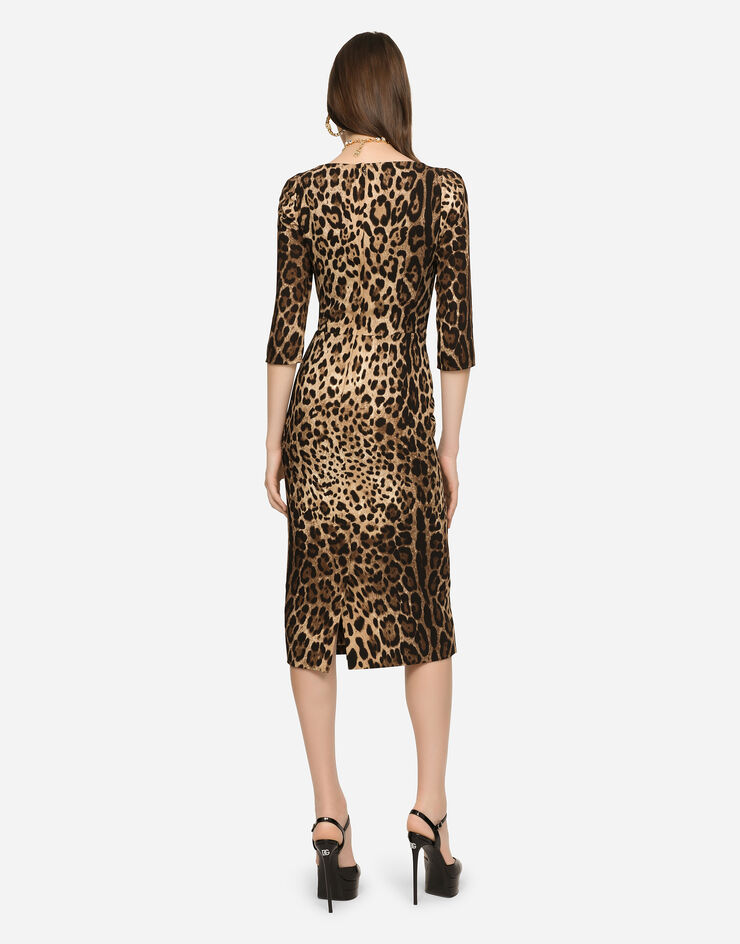 Dolce & Gabbana Vestido longuette en cady estampado leopardo Multicolor F6C1ETFSRKI