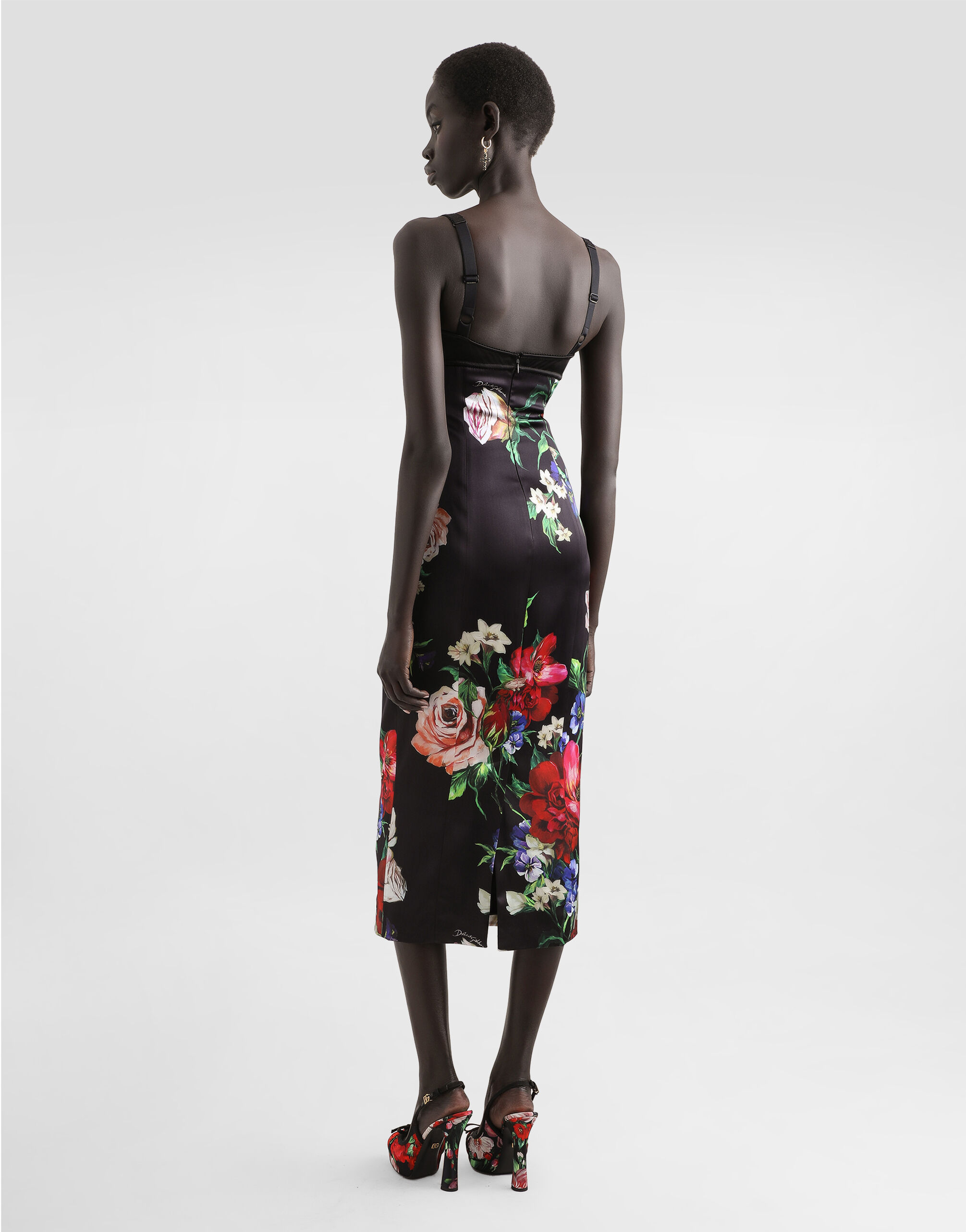 Satin slip dress with bra detail and floral print in Print