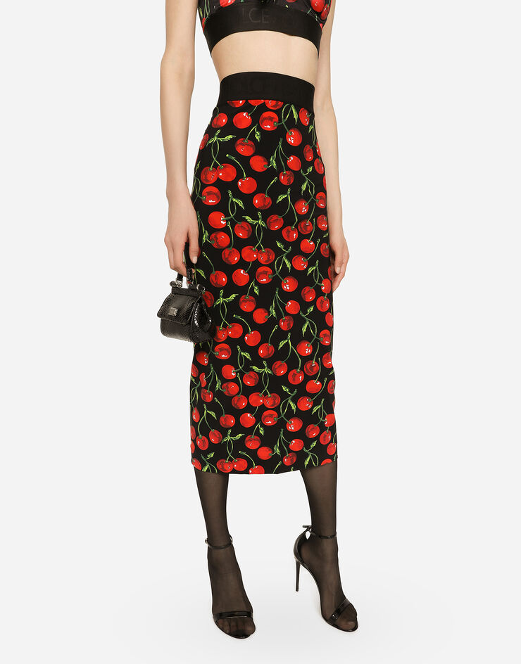 Dolce&Gabbana Technical jersey calf-length skirt with elasticated band with logo and cherry print Mehrfarbig F4COCTFSG54