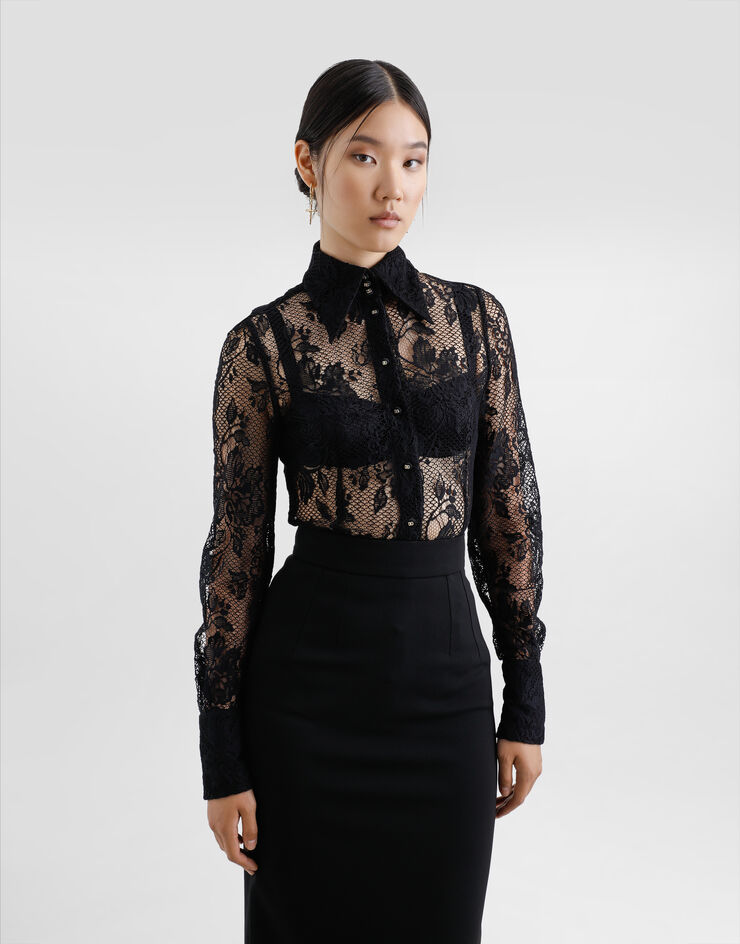 Dolce & Gabbana Camisa de encaje floral con festón Negro F5P70TILMBI