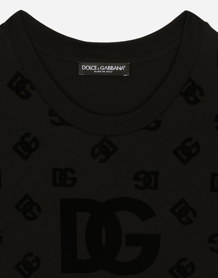 Dolce & Gabbana T-Shirt aus Jersey mit geflocktem DG-Logo allover Schwarz F8T00TGDB9K