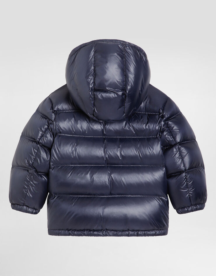 Dolce & Gabbana Long down jacket with detachable hood in shiny nylon Blue L4JB6FFUS3Y