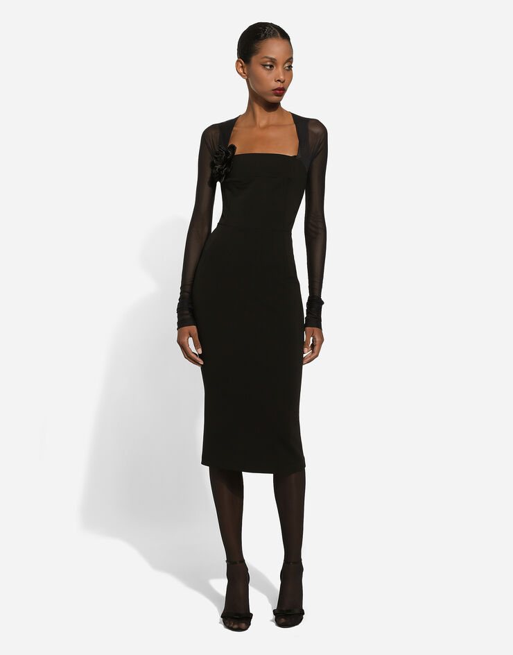 Dolce & Gabbana Jersey calf-length dress with tulle sleeves черный F6DLXTFUGN7