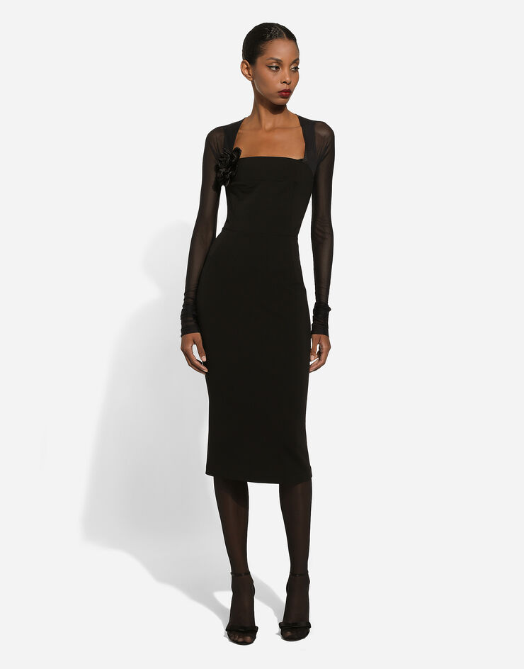 Dolce & Gabbana Jersey calf-length dress with tulle sleeves Nero F6DLXTFUGN7