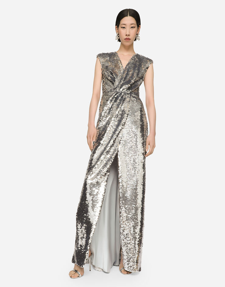 Dolce & Gabbana Langes Paillettenkleid mit Drapierung Silber F6AZITFLSF0