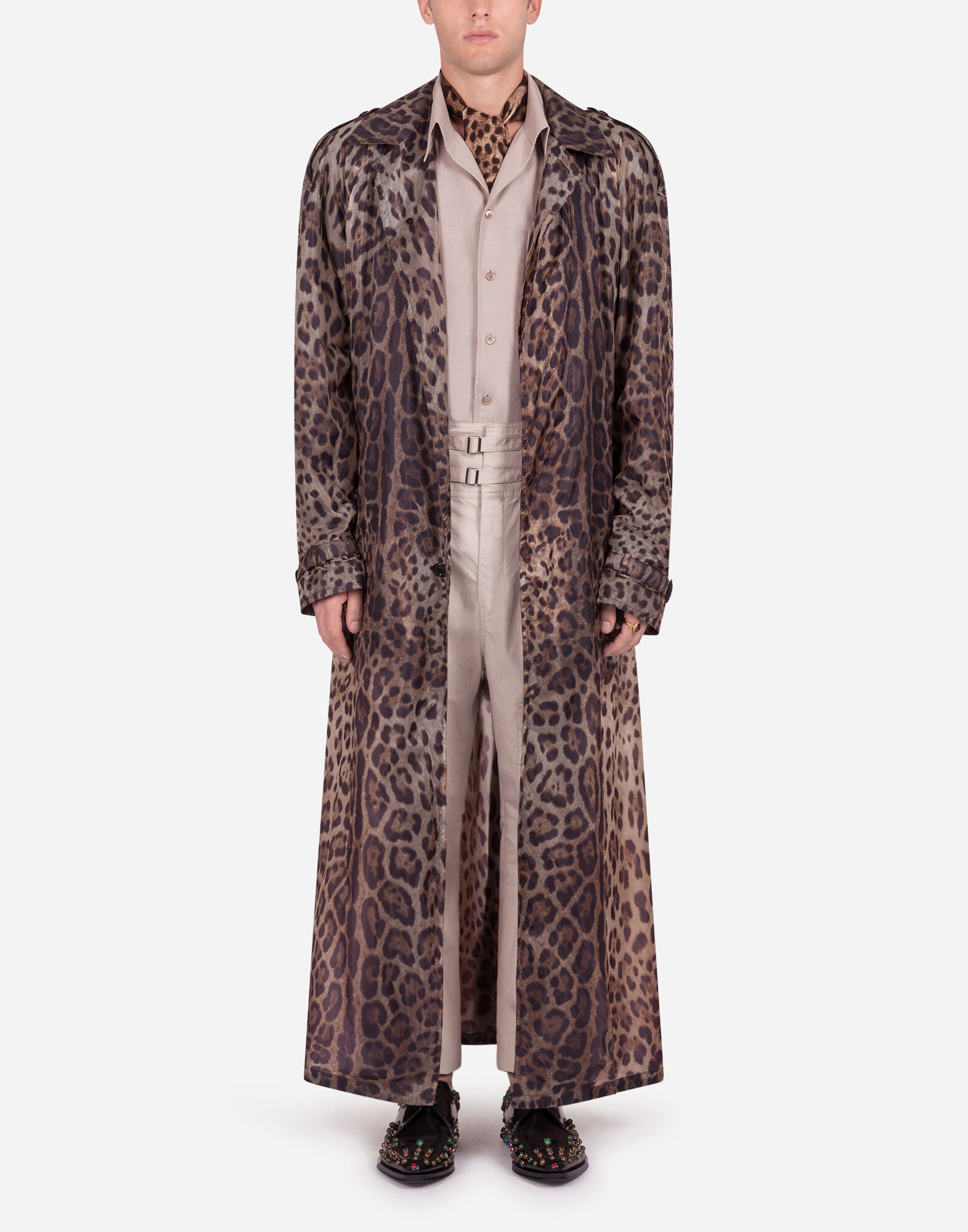 Single breasted trench jacket in nylon with leopard print