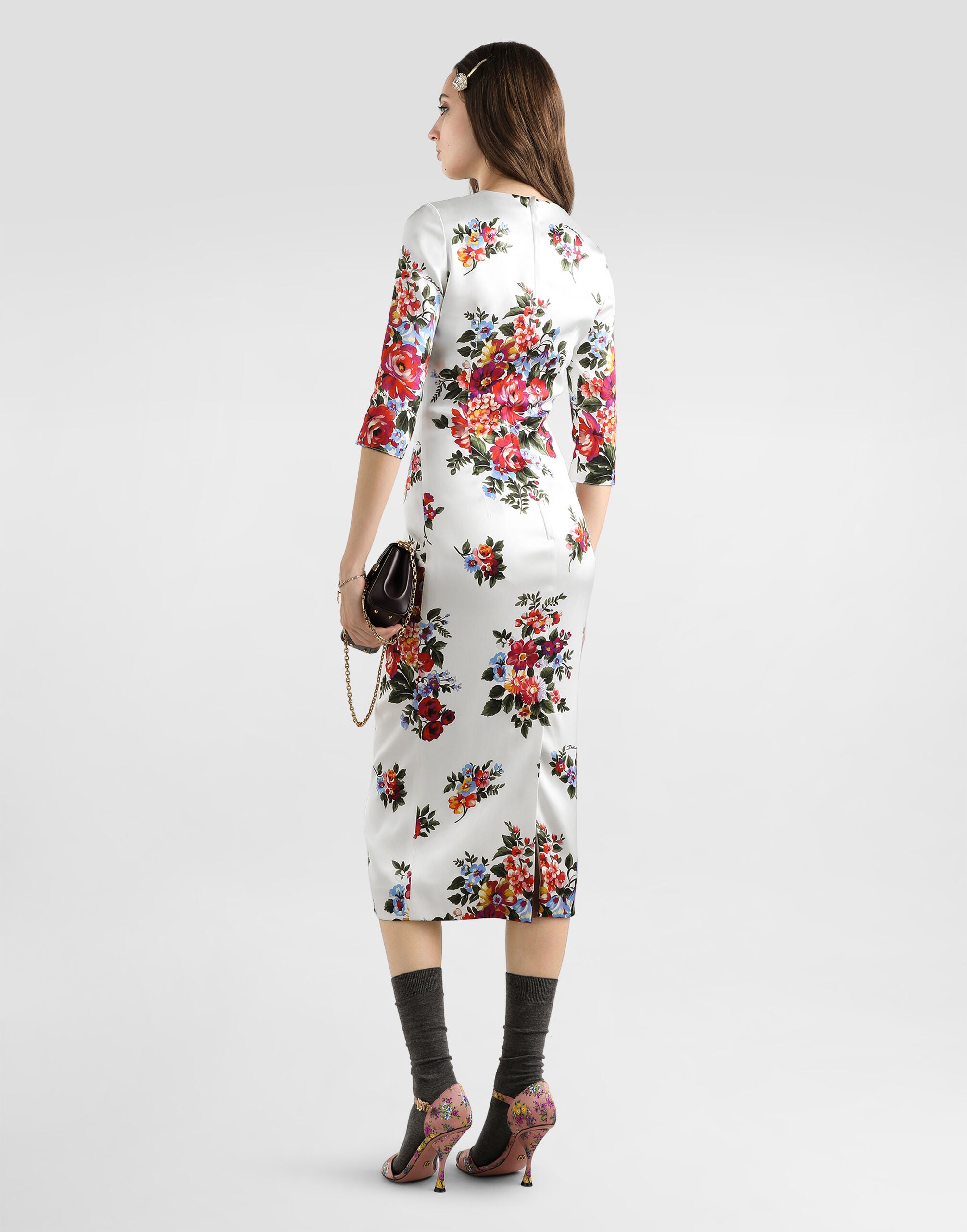 Flower bouquet-print satin sheath dress in Multicolor for Women