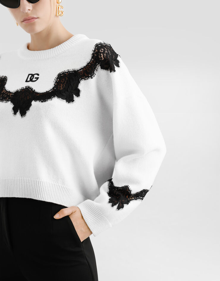Dolce & Gabbana Wool sweater with DG logo and lace inserts White FXX29ZJCVT5