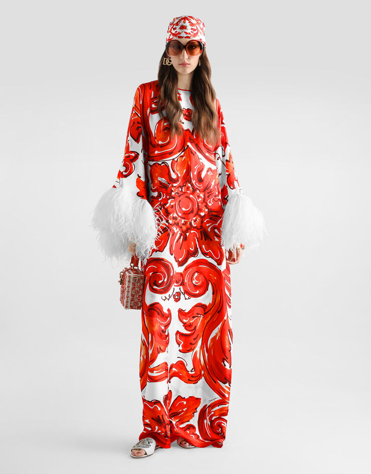 Dolce & Gabbana Majolica-print long kaftan dress with feather trim Multicolor F615FZGDDRE