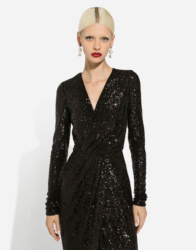 Dolce & Gabbana Longuette-Kleid aus Mikropailletten Schwarz F6DHFTFLUBW