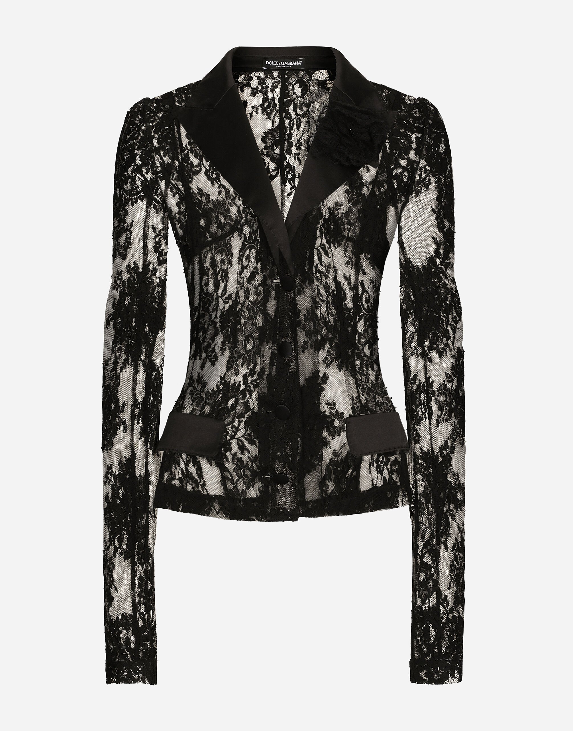 Dolce & Gabbana Chaqueta de encaje floral con detalles de raso Negro BB7287A1471