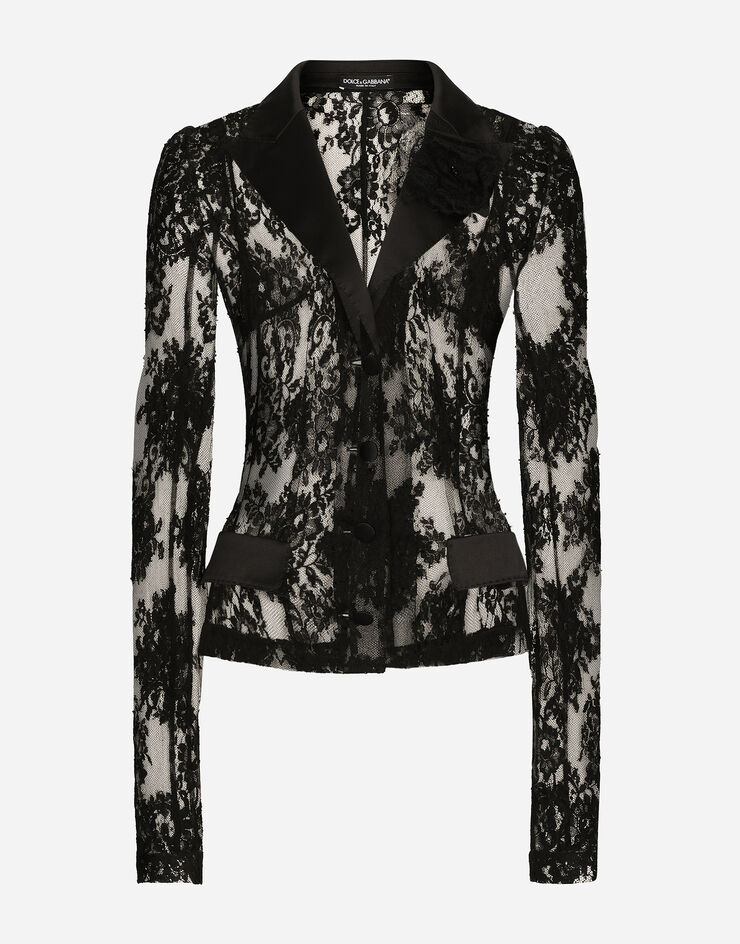 Dolce & Gabbana Chaqueta de encaje floral con detalles de raso Negro F27AJTHLMO7