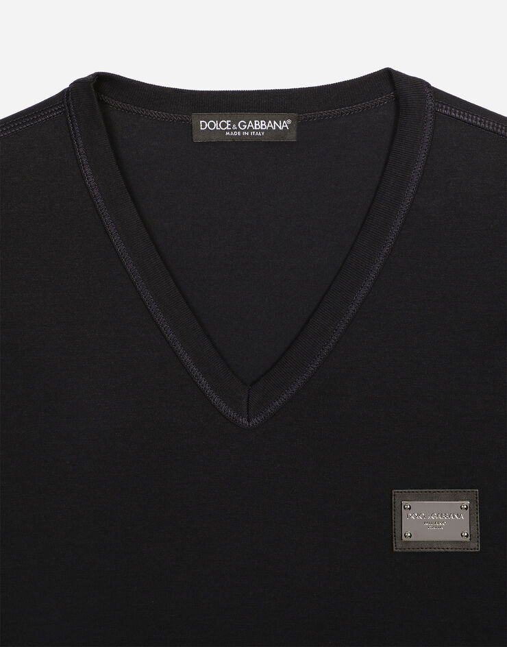 Dolce & Gabbana Cotton V-neck T-shirt with branded tag ブルー G8PT2TG7F2I