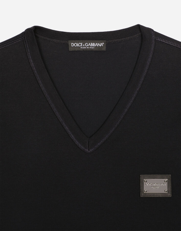 Dolce & Gabbana Camiseta de algodón con cuello de pico y placa con logotipo Azul G8PT2TG7F2I