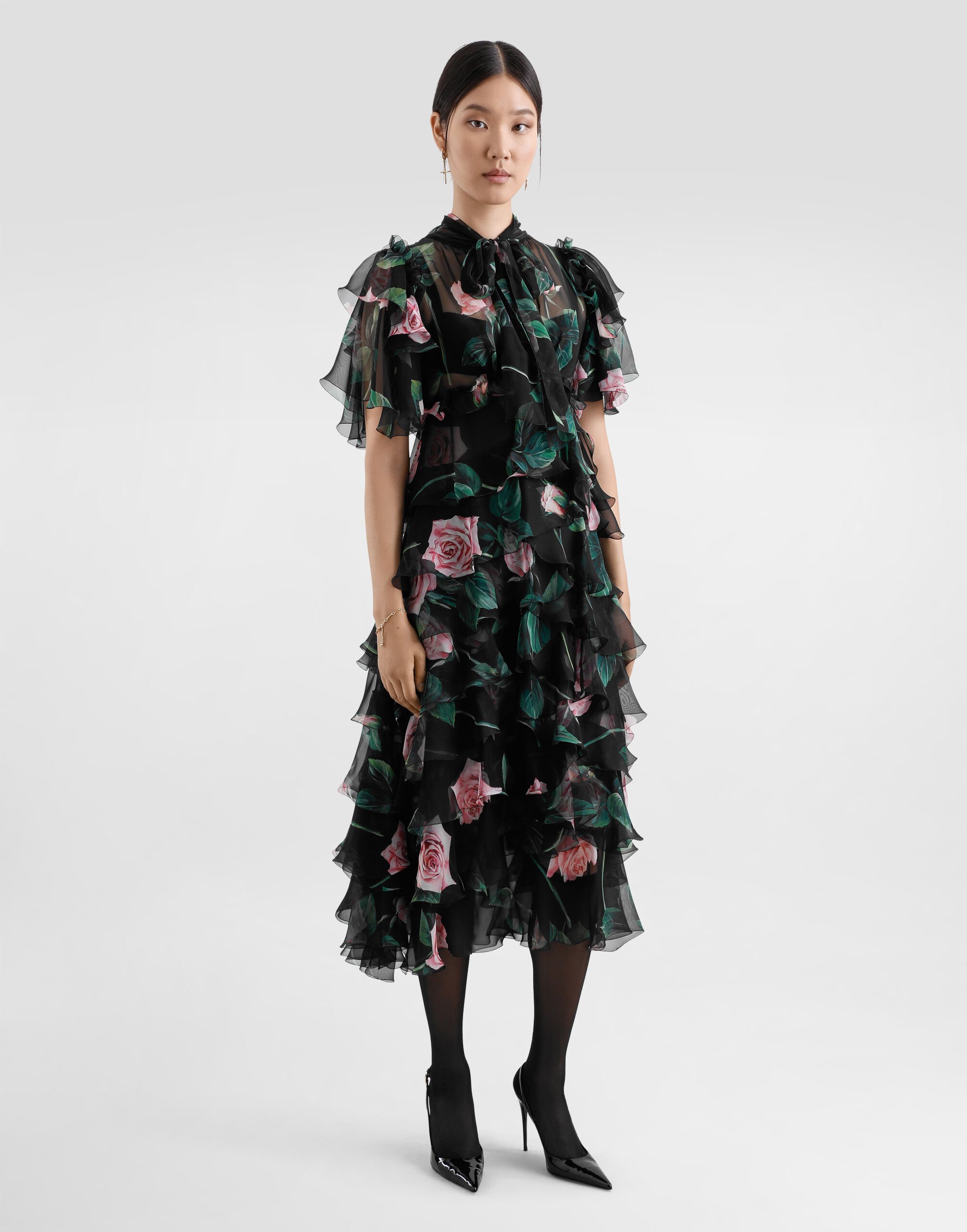Rose-print chiffon calf-length dress with ruffles and flounces