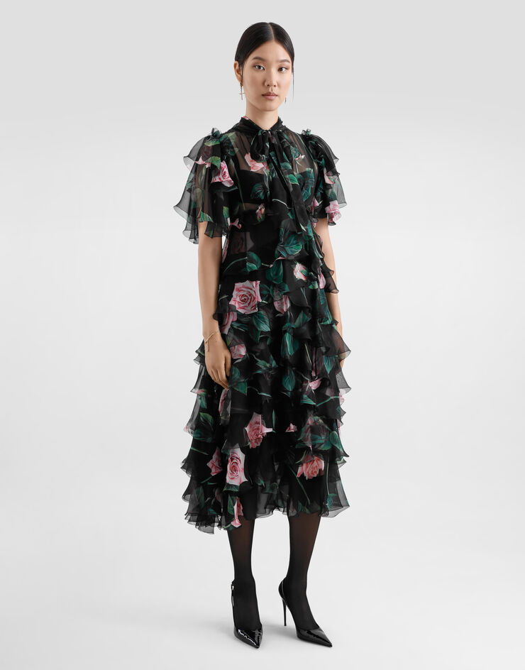 Dolce & Gabbana Rose-print chiffon calf-length dress with ruffles and flounces Print F6B3ITIS1XA