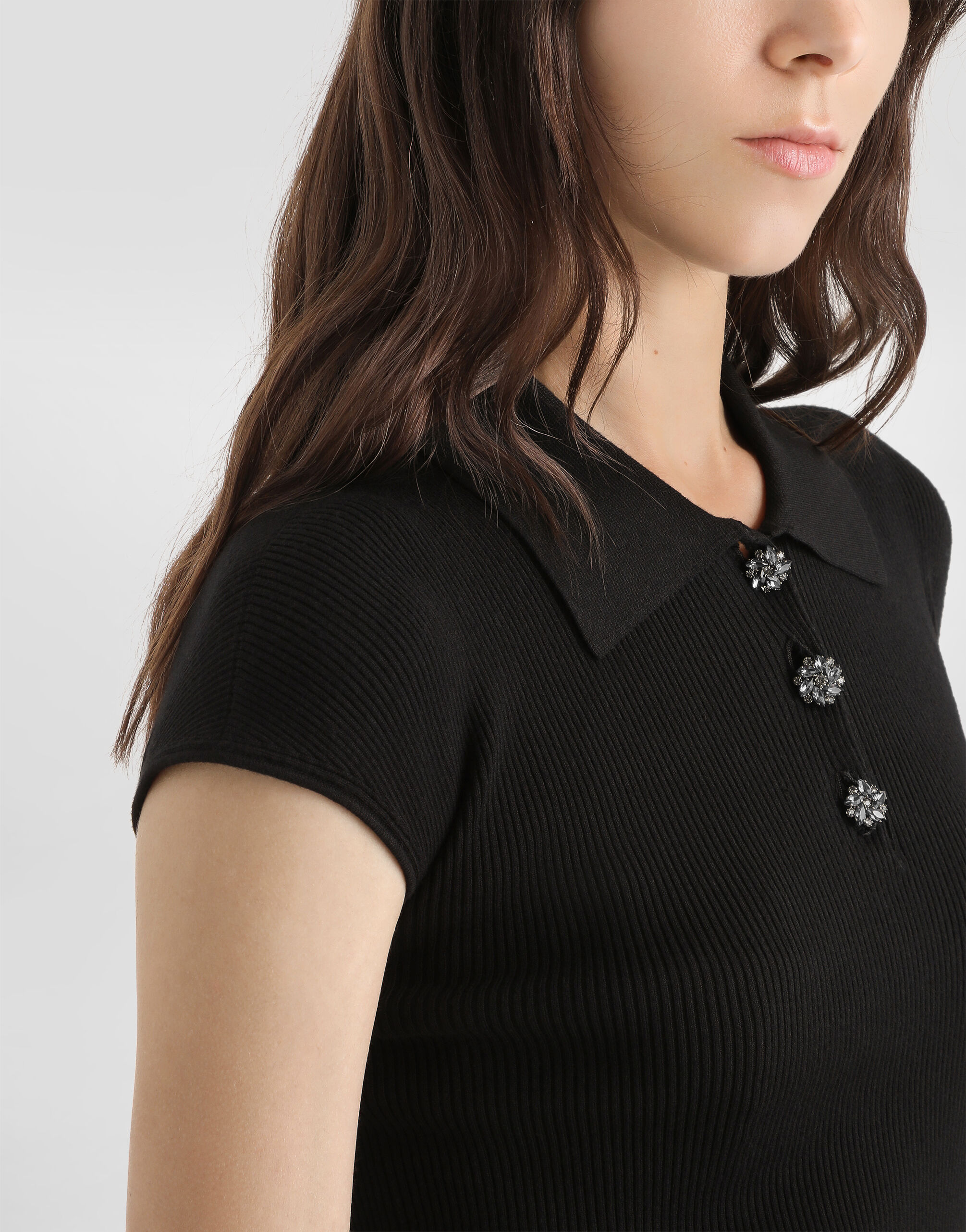DOLCE &GABBANA ドルガバ 半袖ポロ レザープレート 黒 46 Ribbed polo sweater in Black for Women | Dolce&Gabbana® US