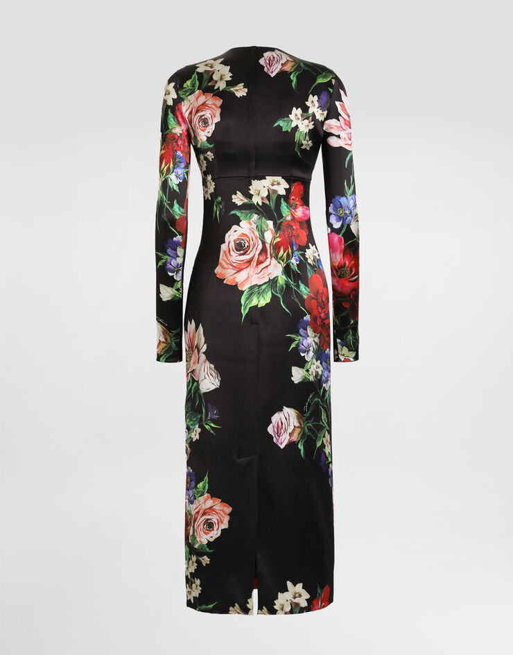 Dolce & Gabbana Abito longuette girocollo in raso stampa Fiori Stampa F6TRQTFSIB5