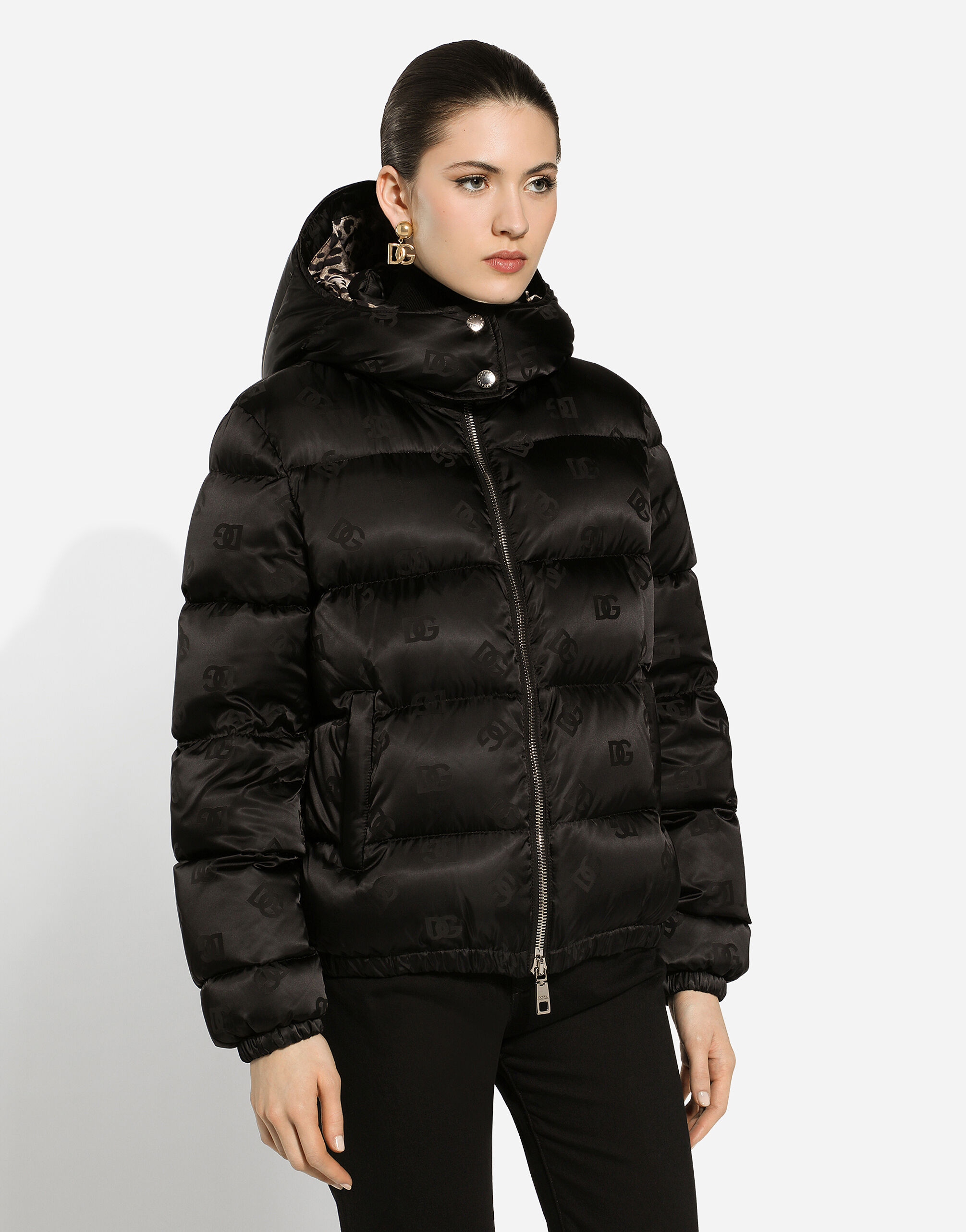 Padded satin jacquard down jacket with all over DG logo in Black for Women Dolce Gabbana US