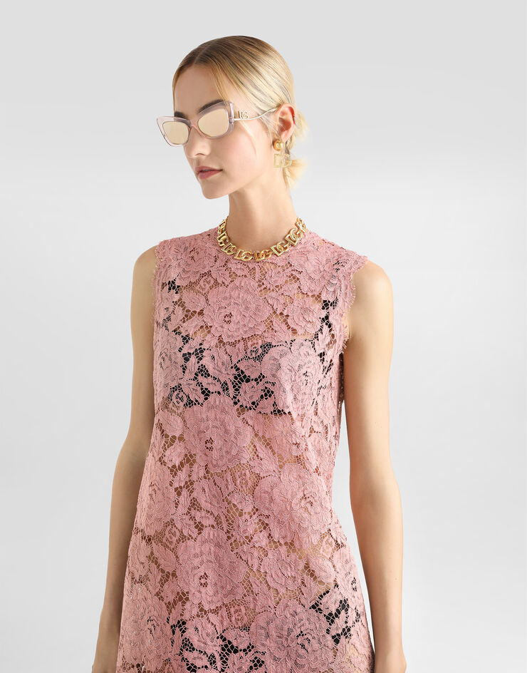 Dolce & Gabbana Sleeveless floral lace A-line dress with DG logo Pink F6ATYTHLM7L