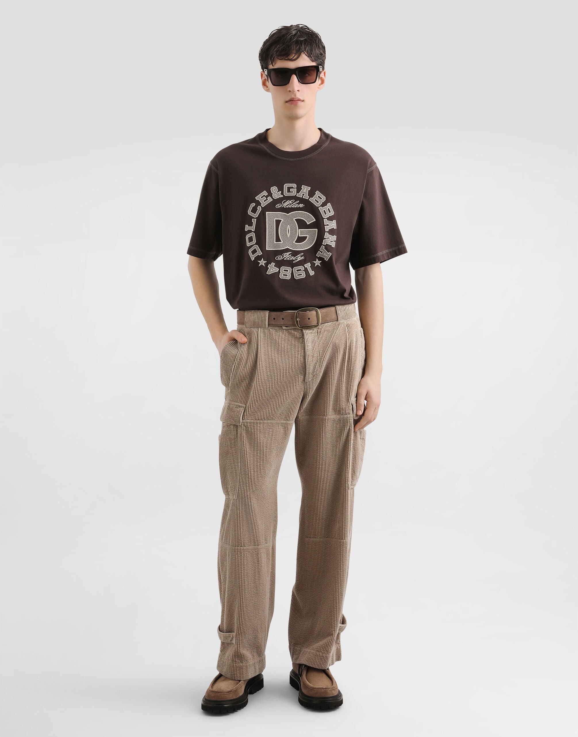 Cotton t-shirt with embroidery in Brown for Men | Dolce&Gabbana® US