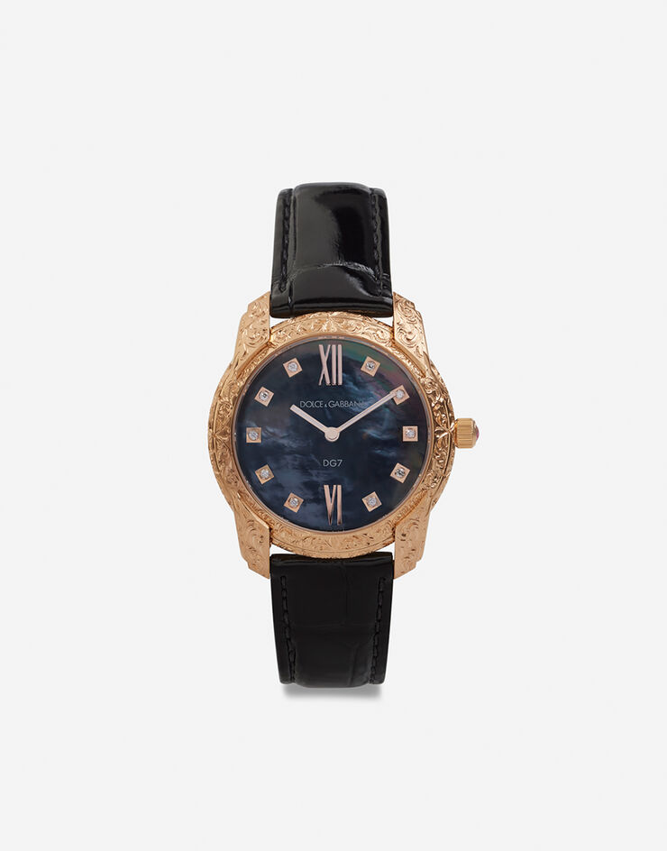 Dolce & Gabbana Reloj DG7 Gattopardo de oro rojo con madreperla negra y diamantes Negro WWFE2GXGFDA