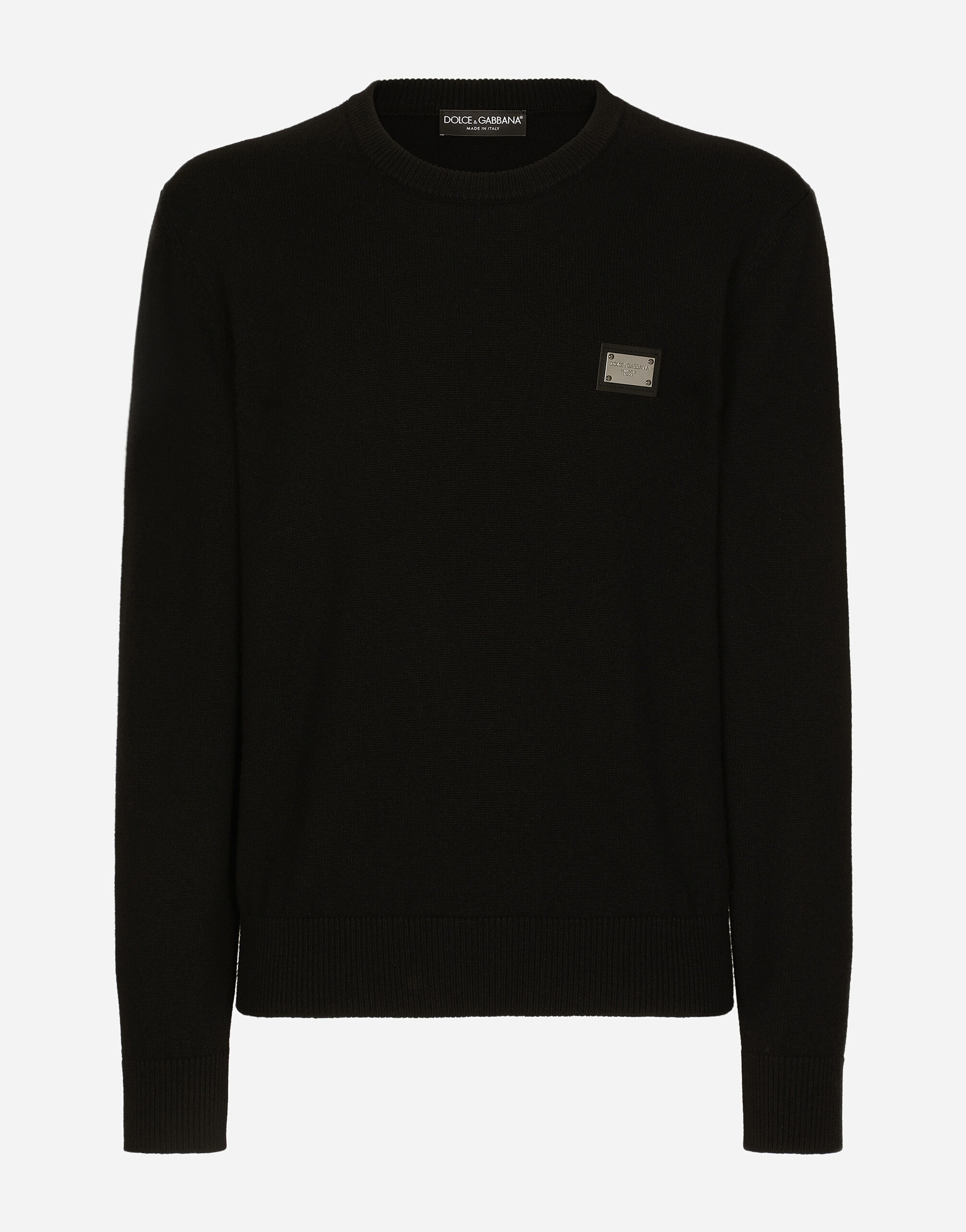 Dolce & Gabbana Wool round-neck sweater with branded tag Black GXO39TJEMQ4