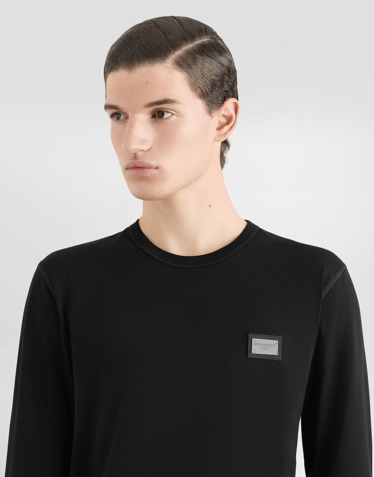 Dolce&Gabbana Langarm-T-Shirt mit Logoplakette Schwarz G8PV0TG7F2I