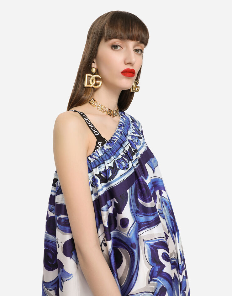 Dolce & Gabbana Long one-shoulder twill dress with majolica print Multicolor F6ADJTHI1BQ