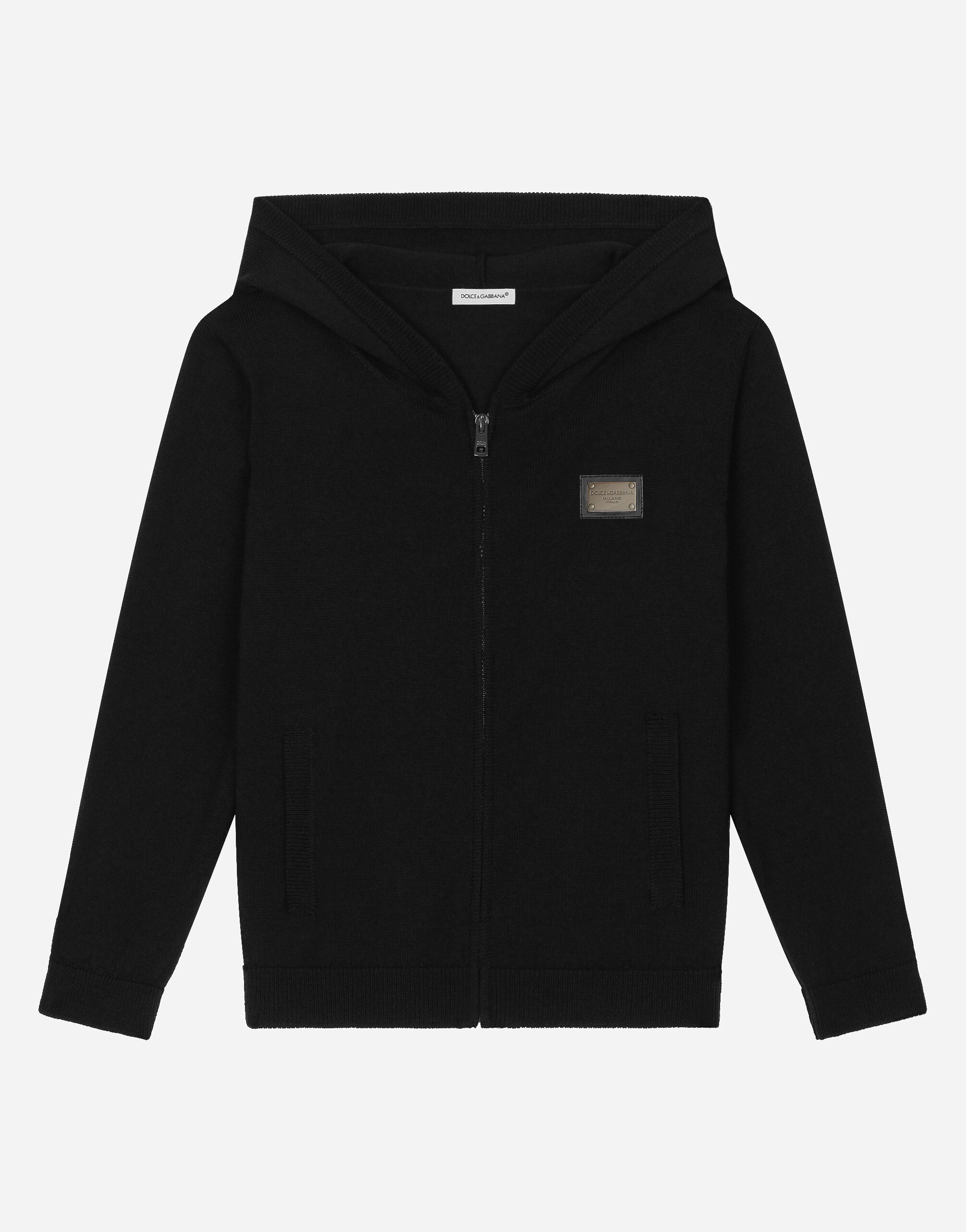 Dolce & Gabbana Cardigan zip con cappuccio in maglia rasata con placca logata Nero L4KWE1JCVR9