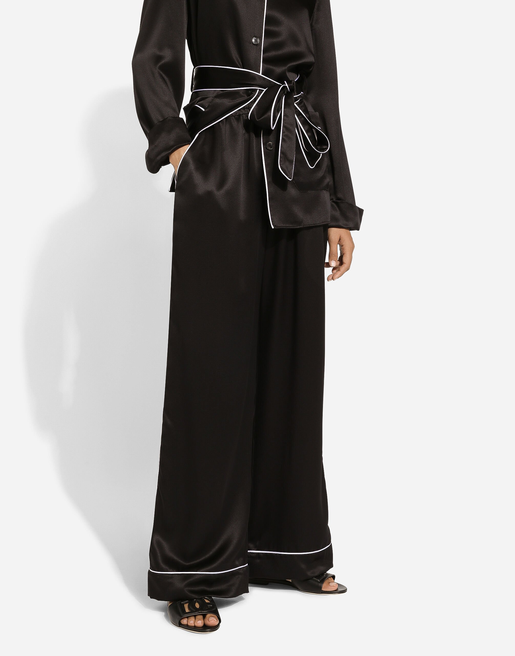 Silk pajama pants with contrasting piping in Black for Women Dolce Gabbana US