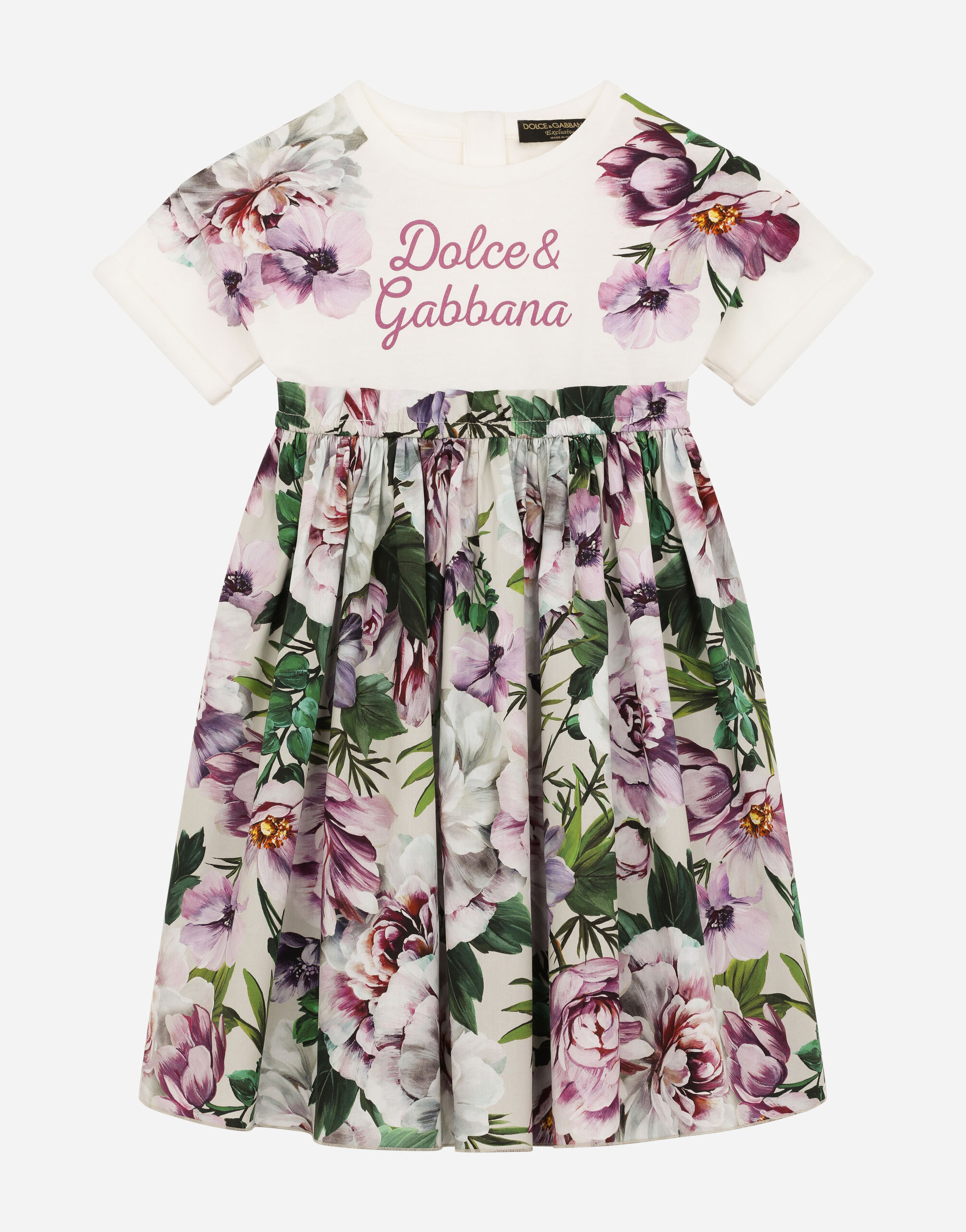 Peony print poplin and jersey dress
