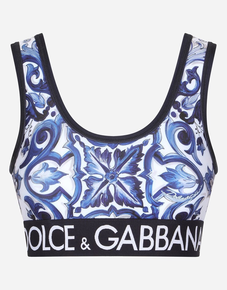 Dolce & Gabbana Top in jersey stampa maiolica con elastico logato Multicolore F75H7TFPG7B