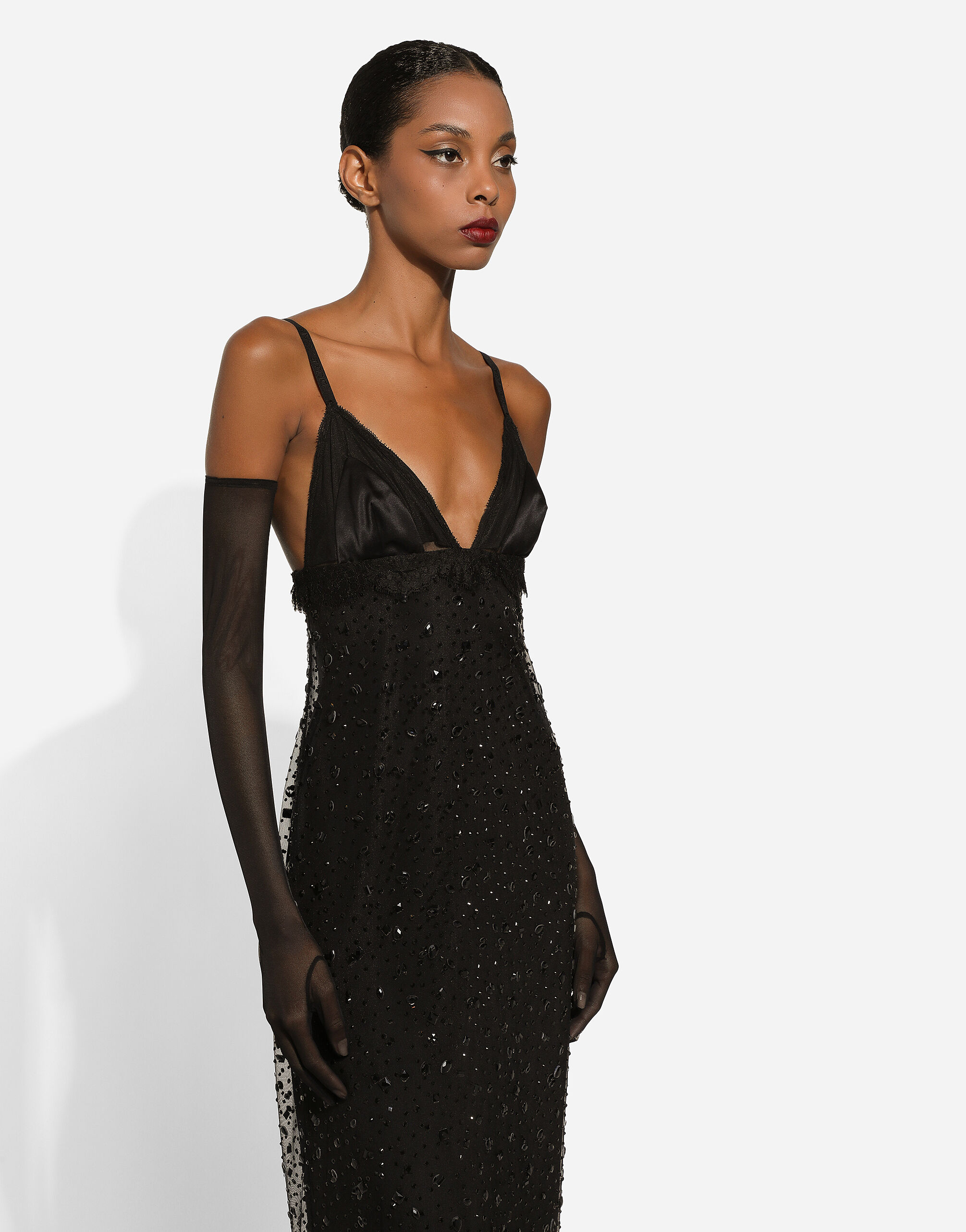 Long tulle slip dress with all over rhinestone embellishment in Black for Women Dolce Gabbana