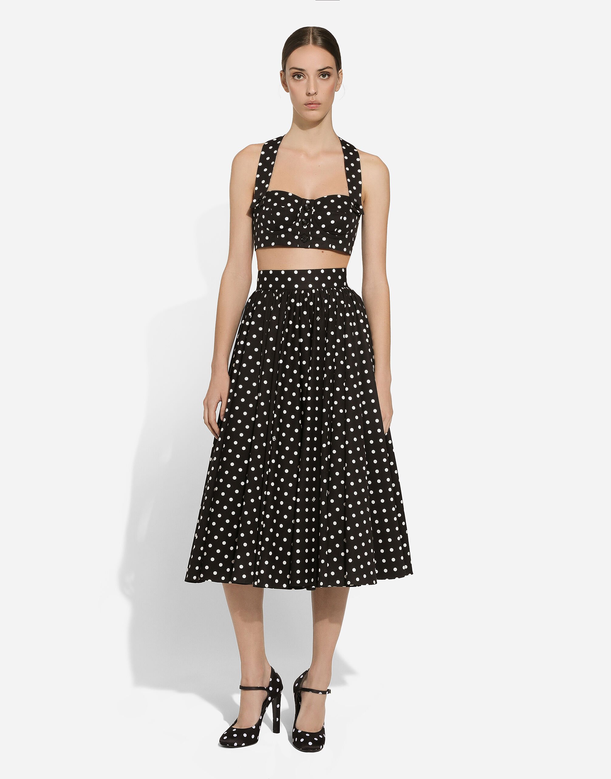 スカート Dolce & Gabbana FW25 GONNA (F4C10T HS5TQHA5PB) Cotton calf-length circle skirt with polka-dot print in