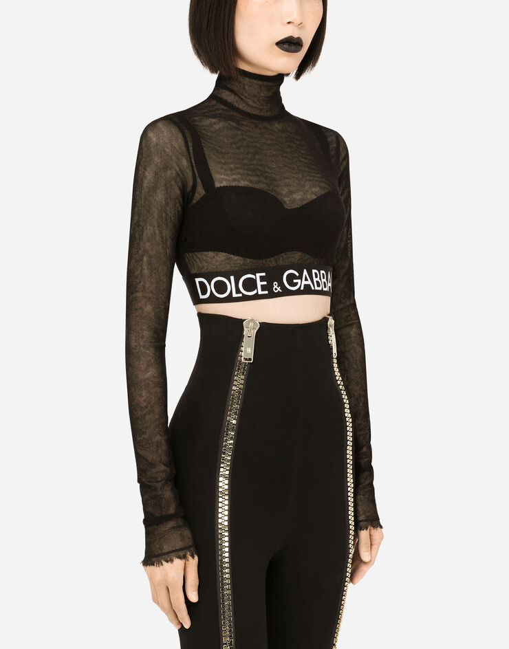 Dolce & Gabbana Tulle crop top with branded elastic Black F8N63TFLEAA