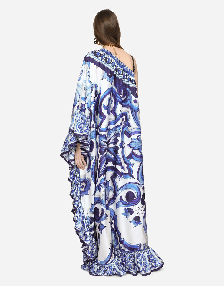 Dolce & Gabbana Long one-shoulder twill dress with majolica print Multicolor F6ADJTHI1BQ