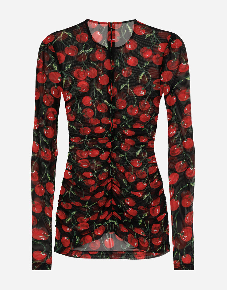 Dolce&Gabbana Long-sleeved tulle top with cherry print and draping Multicolor F8U39TFSUA2