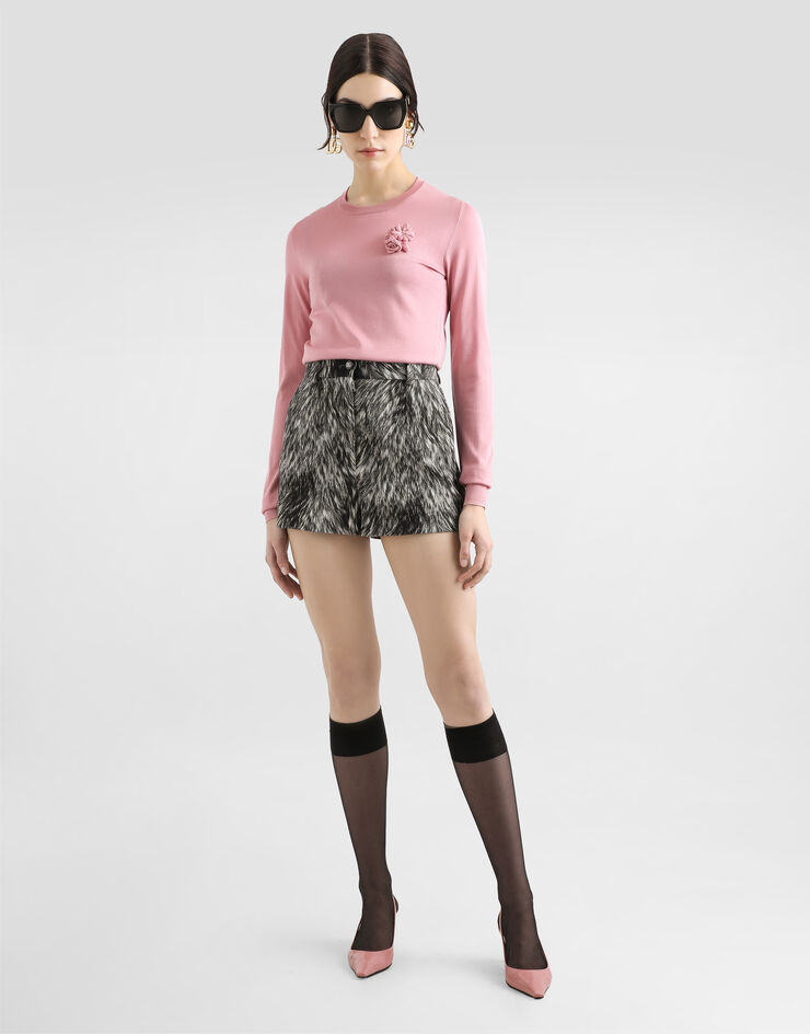 Dolce & Gabbana Maglia maniche lunghe in seta con decoro fiore Rosa FXX12ZJBSKY