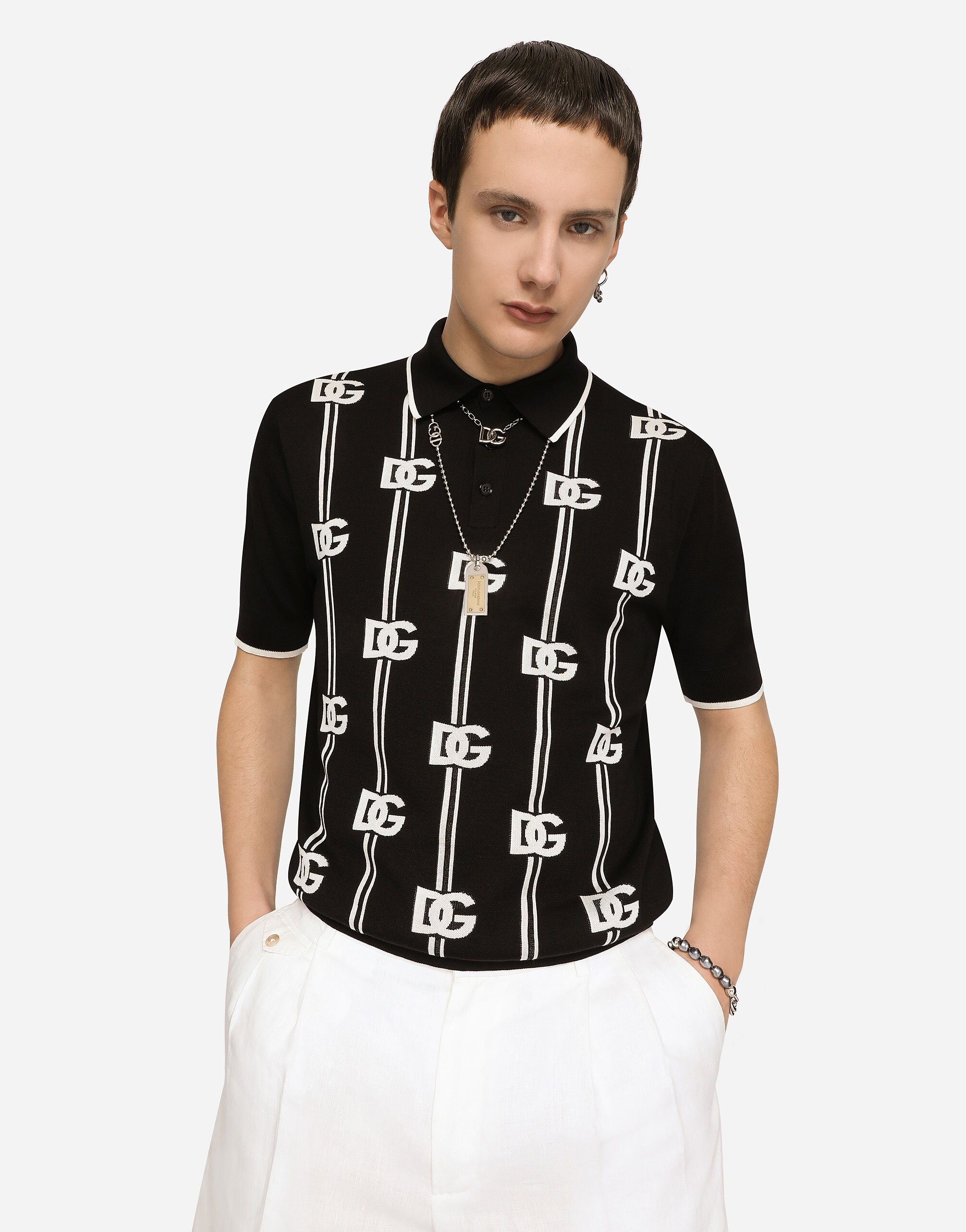 Inlaid silk polo-shirt with DG logo in Multicolor for Men
