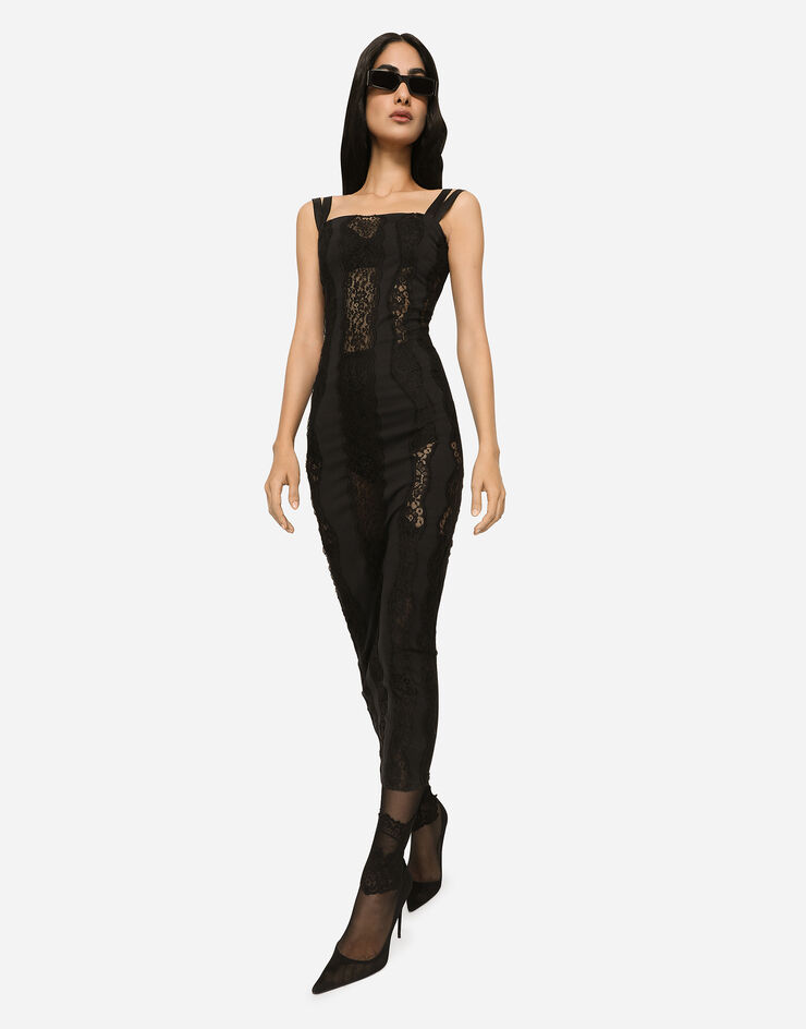 Dolce&Gabbana Vestido longuette de punto con aplicaciones de encaje Negro F6BDWTFUGKF