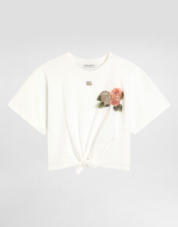 Dolce & Gabbana Jersey t-shirt with floral embellishments and DG logo White L5JTPVG7PQN