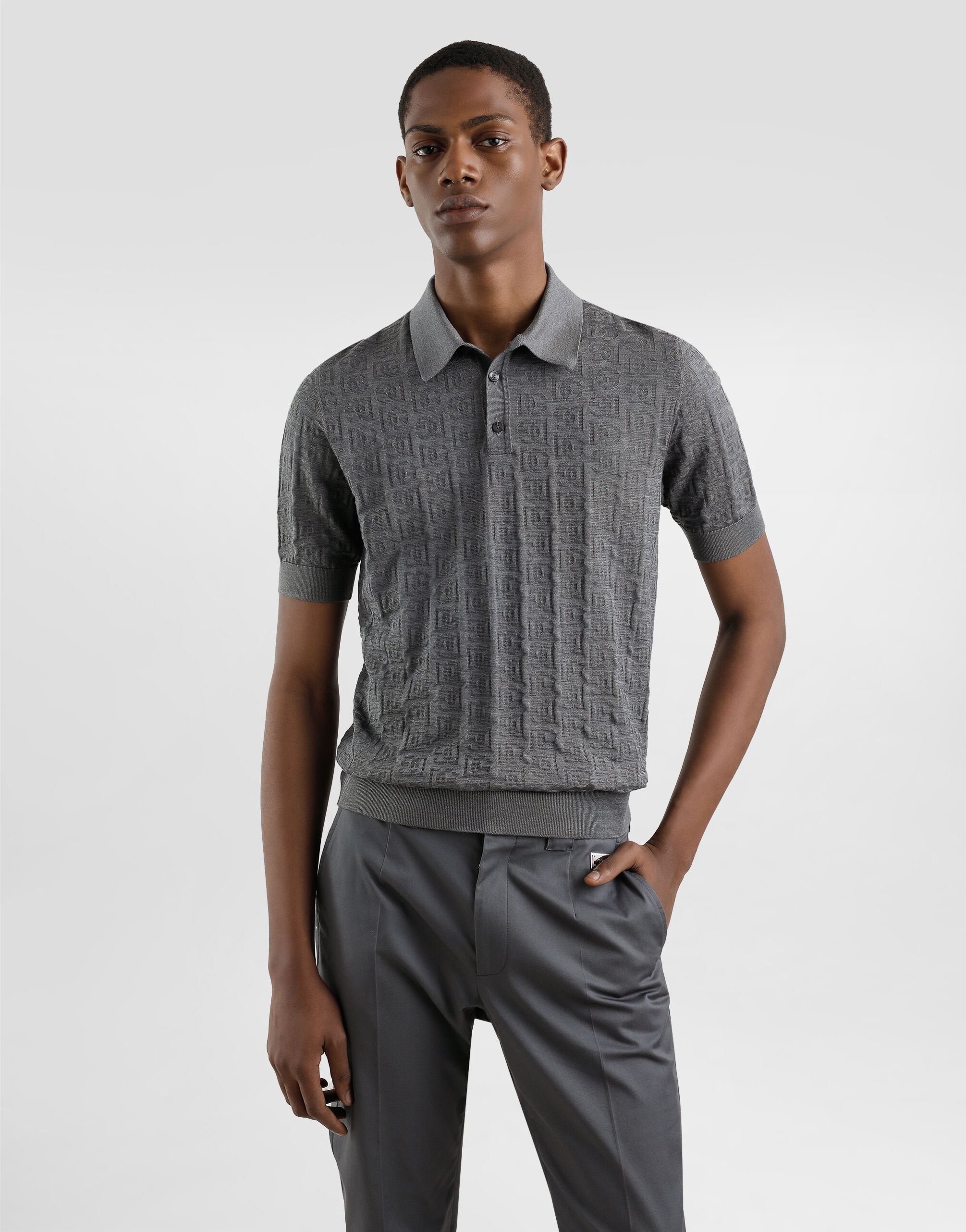 Silk polo-shirt with all-over DG logo embroidery in Grey for