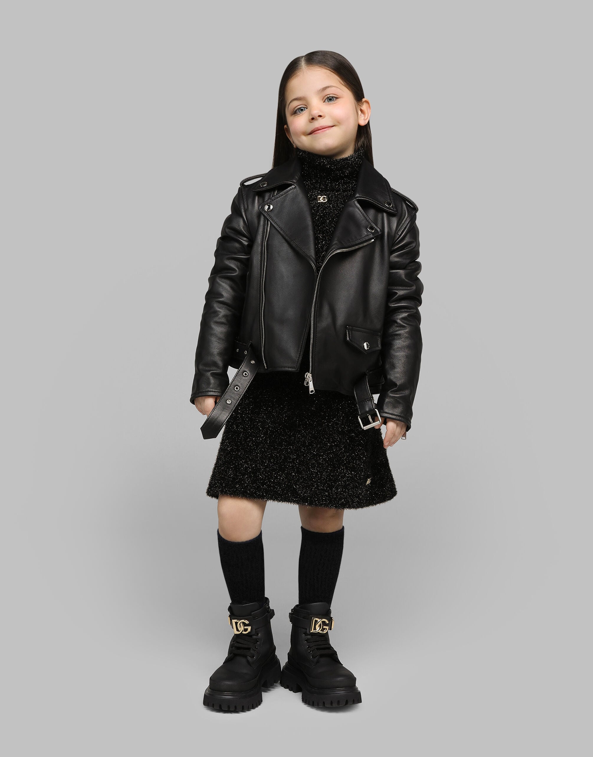 Blackのガールズ レザー バイカージャケット | Dolce&Gabbana®