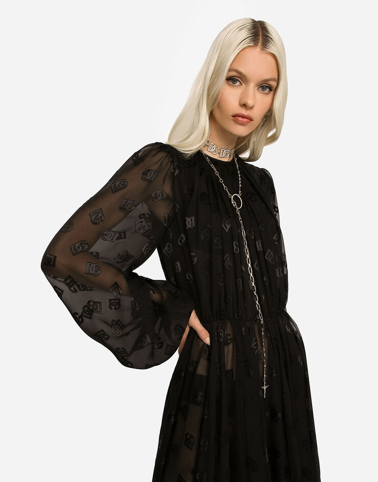 Dolce & Gabbana Devoré satin dress with all-over DG logo Black F6ARPTFJTBR