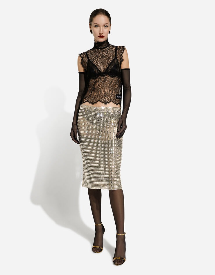 Dolce&Gabbana Gonna longuette in tulle con ricamo allover in termostrass Cristallo F4CRSZGDB2D