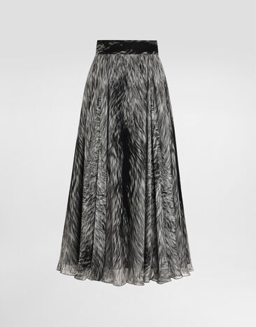 Dolce & Gabbana Chiffon calf-length circle skirt with fur print Grey F4C2VTIS1X3